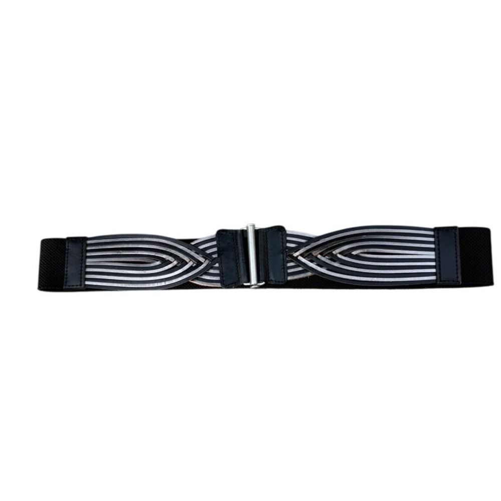 Fossil Women Black Silver Wide Braided Leather Stretch Cinch Belt Boho Art Deco
